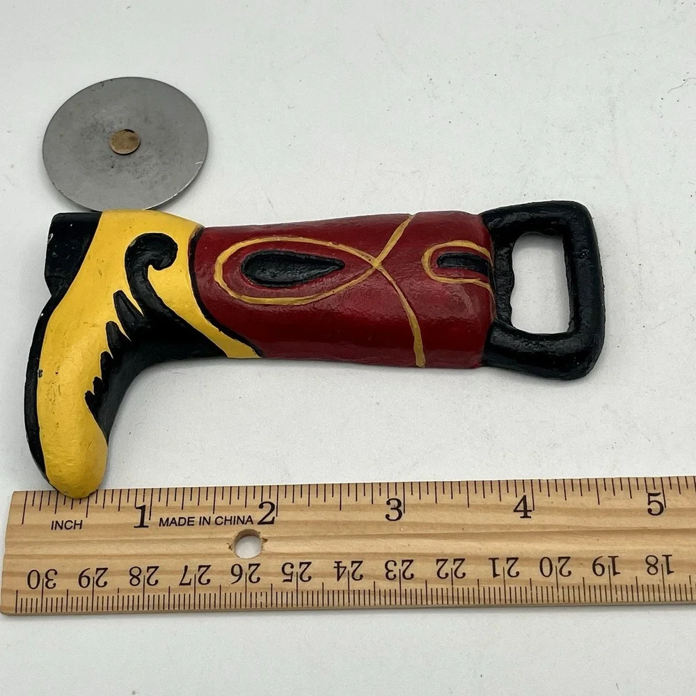 Western Cowboy Boot Spur Bottle Opener Cigar Cutter Cast‎ Iron Red Yellow 1998